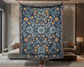 Teal Botanical Woven Blanket, William Morris Style Floral Throw, Elegant Tapestry, Vintage Blue & Gold Home Decor, Cozy Cottagecore Blanket