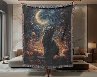 Black Cat Woven Blanket, Halloween Moon Pumpkin Throw, Gothic Fall Cotton Blanket, Witchy Boho Home Decor Gift