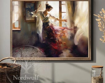 Sunlit Dancer Canvas Wall Art, Romantic Feminine Painting for Bedroom or Studio, Soft Light Woman in Motion Home Decor