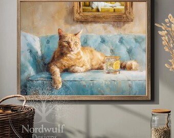 Orange Tabby Cat Canvas Art, Quirky Feline Portrait on Blue Sofa