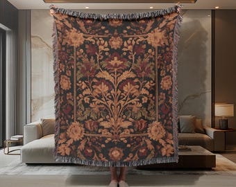 Victorian Burgundy Woven Blanket, Gold Baroque Floral Throw, Dark Vintage Home Decor, Gothic Luxe Blanket, Cozy Regal Tapestry Accent