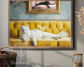 Funny White Cat Canvas Art, Martini Cocktail, Eclectic Decor