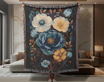 Teal Floral Woven Cotton Blanket: William Morris Inspired Boho Throw