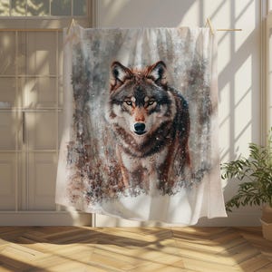 May include: A white and brown wolf with a snowy background. The wolf is looking directly at the camera with a serious expression.