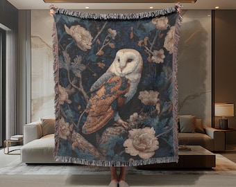 Woven Owl Blanket: Cotton Tapestry Throw, Cottagecore Decor