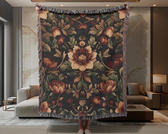 Vintage Floral Woven Blanket, Burgundy Botanical Tapestry Throw, Elegant Boho Home Decor, Cozy Dark Academia Blanket for Couch or Bed