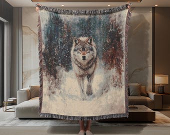 Grey Wolf Woven Blanket: Rustic Cabin Decor, Wildlife Throw