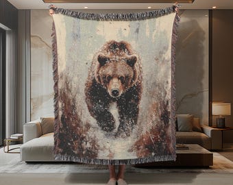 Rustic Grizzly Bear Woven Blanket – Western Wildlife Decor, Cabin Throw, Cozy Lodge Blanket, Nature-Inspired Gift