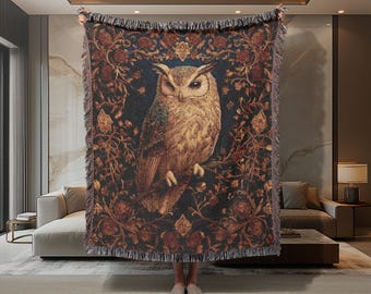 Horned Owl Woven Blanket: Gothic Cottagecore Tapestry Throw