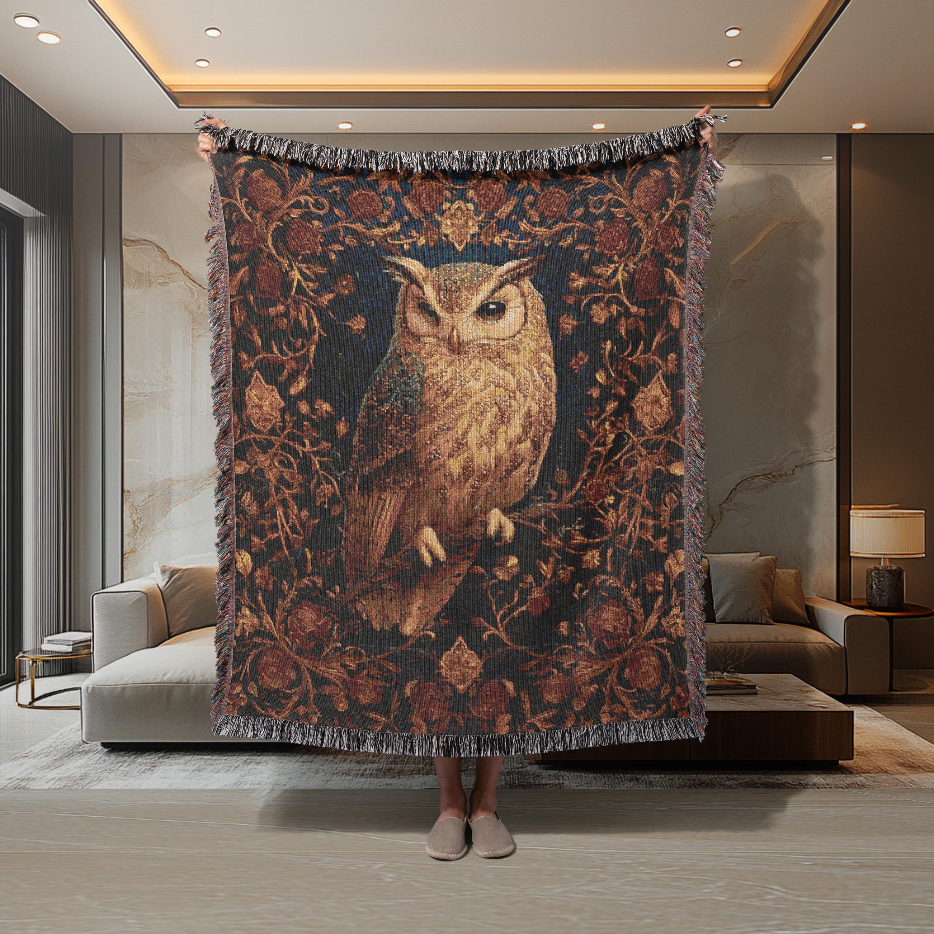 Horned Owl Woven Blanket: Gothic Cottagecore Tapestry Throw
