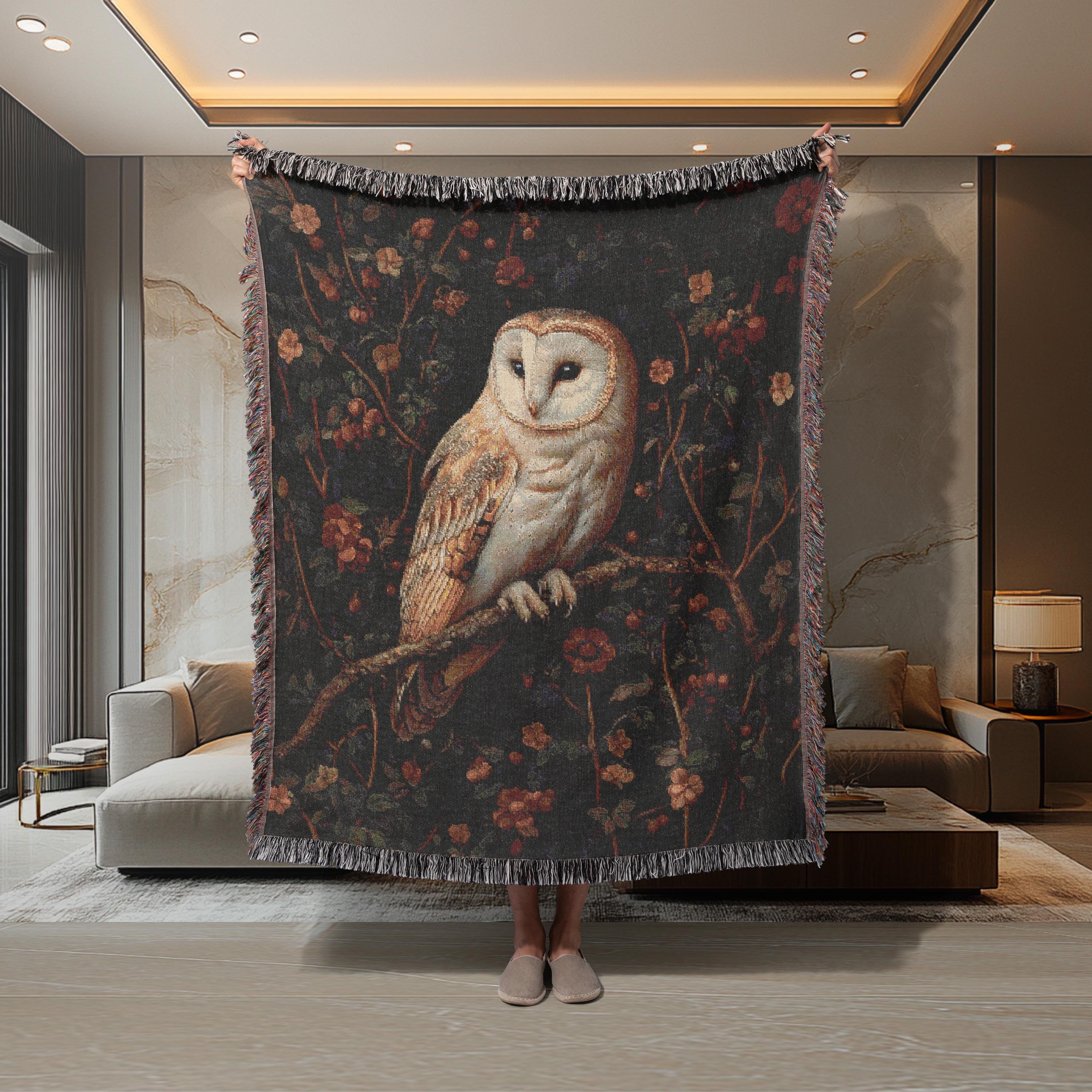 Barn Owl Woven Blanket, Woodland Forest Tapestry Throw, Vintage Nature Decor, Dark Academia Aestheti