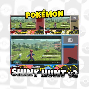 May include: A video game screen capture showing a character in a green field searching for a shiny Pokémon. The screen is divided into sections with the words "CURRENT" and "RECENT" and the text "SHINY HUNT V2".