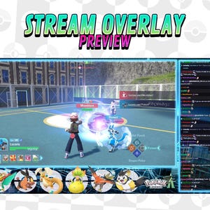 May include: A digital stream overlay preview with a blue and green border. The overlay features a video game scene with characters and text, including "STREAM OVERLAY PREVIEW" at the top. The bottom has character icons.