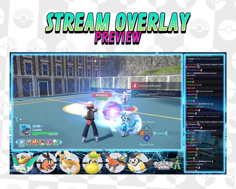 May include: A digital stream overlay preview with a blue and green border. The overlay features a video game scene with characters and text, including "STREAM OVERLAY PREVIEW" at the top. The bottom has character icons.
