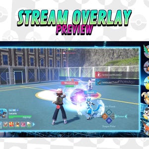 May include: A digital stream overlay preview featuring a video game scene with characters and text. The overlay includes the text "STREAM OVERLAY PREVIEW" in green and pink. The game scene shows a battle with characters and action prompts.