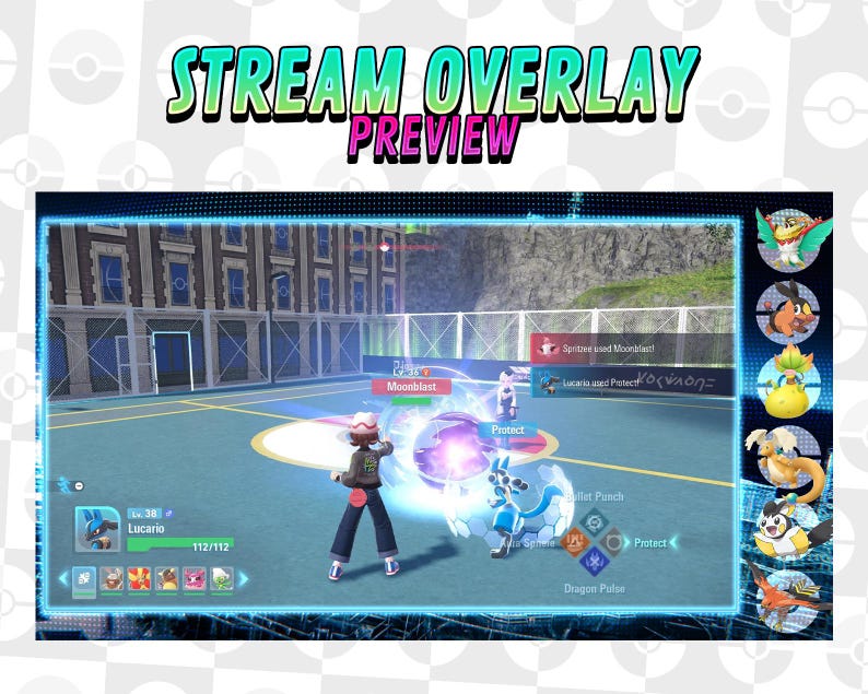 May include: A digital stream overlay preview featuring a video game scene with characters and text. The overlay includes the text "STREAM OVERLAY PREVIEW" in green and pink. The game scene shows a battle with characters and action prompts.