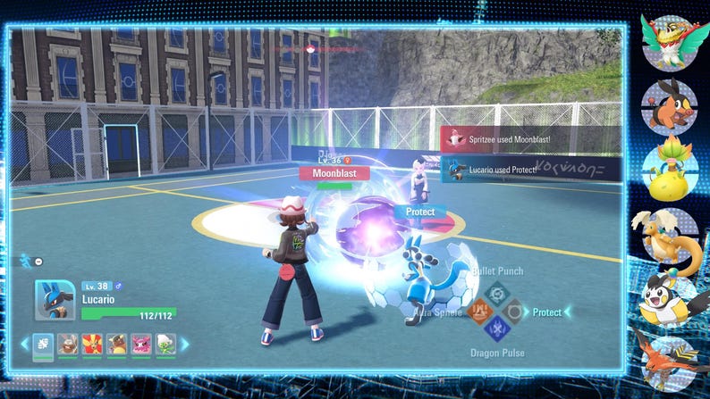 May include: A screenshot from a video game featuring a battle scene. A character in a brown jacket and hat is using Moonblast. A blue and white creature is in front of the character. The game interface displays health bars and attack options.