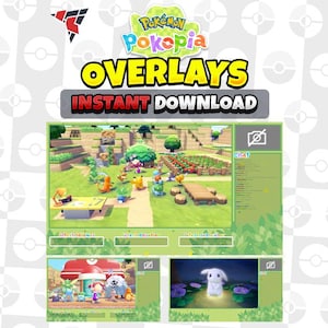 Op de afbeelding: Een digitale afbeelding voor "Pokétopia Overlays" met "Directe download". Het ontwerp bevat een groene overlay met een game-scène en twee kleinere afbeeldingen. Een logo staat in de linkerbovenhoek.