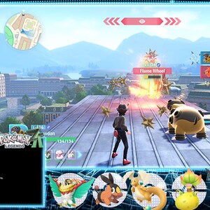 May include: A screenshot from a video game, "Pokemon Legends". The game features a battle scene with animated characters and text overlays. The game's interface includes health bars, character icons, and a chat window. The background shows a cityscape.