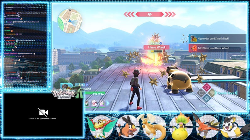 May include: A screenshot from a video game, "Pokemon Legends". The game features a battle scene with animated characters and text overlays. The game's interface includes health bars, character icons, and a chat window. The background shows a cityscape.