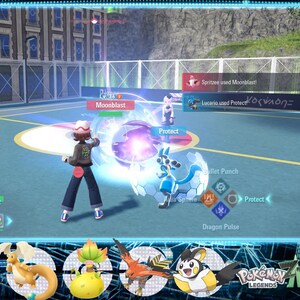 May include: A screenshot from a video game, featuring a battle scene with a character using a move called "Moonblast". The game interface displays health bars and move options. The game is titled "Pokemon Legends".