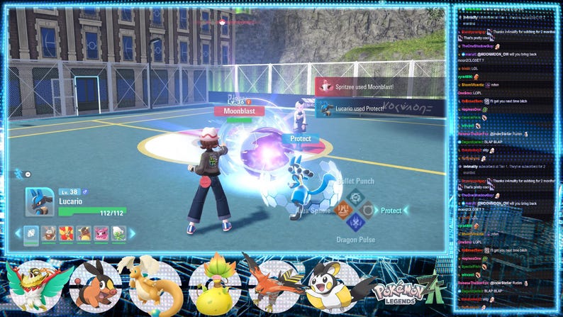 May include: A screenshot from a video game, featuring a battle scene with a character using a move called "Moonblast". The game interface displays health bars and move options. The game is titled "Pokemon Legends".