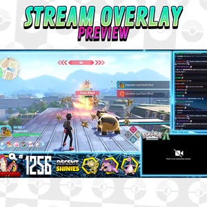 Peut inclure: Aperçu d'un overlay de flux numérique avec le texte "STREAM OVERLAY PREVIEW" en vert et rose. L'overlay présente une scène de jeu vidéo avec des personnages et des zones de texte. Le bas de l'overlay contient du texte et des icônes.