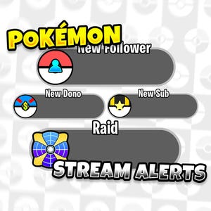 Könnte beinhalten: Eine Pokémon-Stream-Alert-Grafik mit grauem Hintergrund und weißem Schachbrettmuster. Die Grafik zeigt verschiedene Alarme, darunter "Neuer Follower", "Neuer Dono", "Neuer Sub" und "Raid".