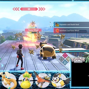 May include: A screenshot from a video game, featuring a battle scene with a character and a large, tan and black creature. The game interface includes health bars, attack names, and a chat window. The game is titled "Pokemon Legends".