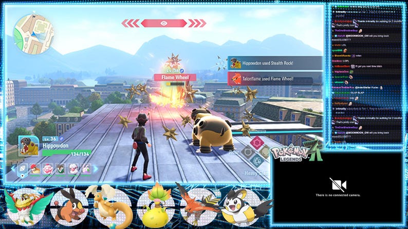 May include: A screenshot from a video game, featuring a battle scene with a character and a large, tan and black creature. The game interface includes health bars, attack names, and a chat window. The game is titled "Pokemon Legends".