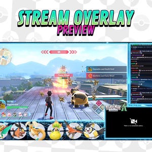 May include: A digital stream overlay preview featuring a video game scene with characters and text boxes. The overlay includes the text "STREAM OVERLAY PREVIEW" in green and white. The game scene shows a battle with a character and a large, brown creature.