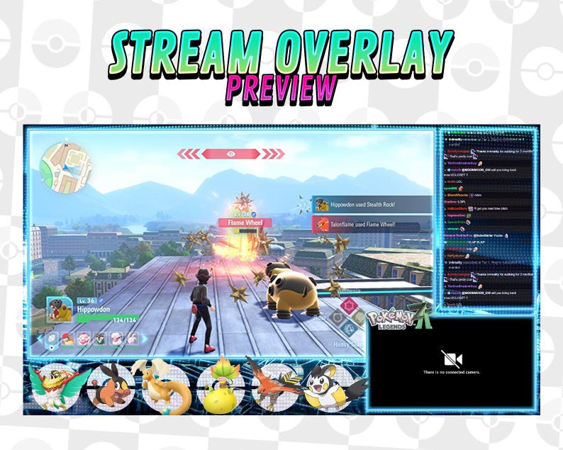 May include: A digital stream overlay preview featuring a video game scene with characters and text boxes. The overlay includes the text "STREAM OVERLAY PREVIEW" in green and white. The game scene shows a battle with a character and a large, brown creature.