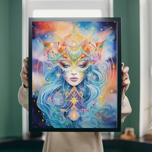 May include: A colorful, abstract painting of a woman with a mask. The woman has long blue hair and is wearing a mask with geometric patterns. The background is a mix of blue, pink, and yellow.
