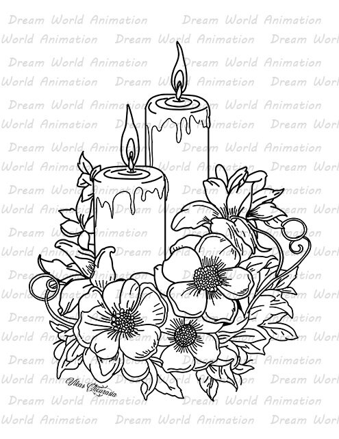8 Candel and Flower Coloring Page - Etsy