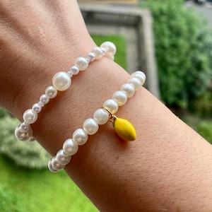 Lemon bracelet, pearl bracelet, charm bracelet, personalized bracelet, fruit bracelet, gift for her, valentine&#39;s day gift