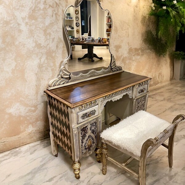 SOLD (do not purchase) Harlequin and Lace Antique Vanity