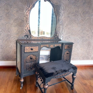 Copper Cheetah Print Antique Upcycled Vanity with Epoxy Glitter Top