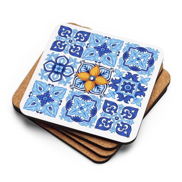 Cork-Back Coaster inspired from Mediterranean Tiles Blue Decor Accent Perfect for Alfresco Dining and Wine Lovers