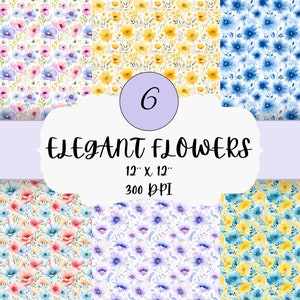 Elegant Flowers Seamless Pattern Digital Paper, 12 Pack Bundle Designs, Scrapbook Paper, Junk Journal, Grunge, Instant Download, Commercial