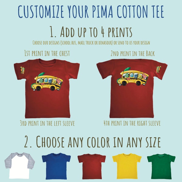 4 prints - Customized toddler tees (school bus, mail truck, dinosaurs) - 100% Pima cotton tees