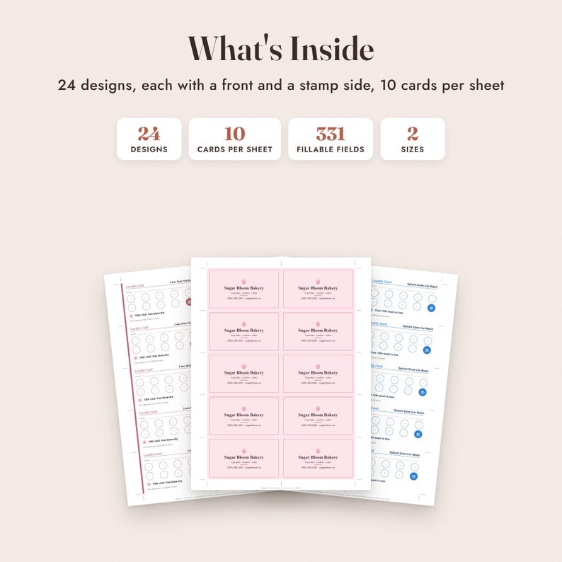 K&ouml;nnte beinhalten: Ein digitales Vorlagenblatt mit 10 rechteckigen Karten mit rosa R&auml;ndern und dem Text Sugar Bloom Bakery. Die &Uuml;berschrift lautet What's Inside, 24 designs, each with a front and a stamp side, 10 cards per sheet, 24 designs, 10 cards per sheet, 331 fillable fields, 2 sizes.