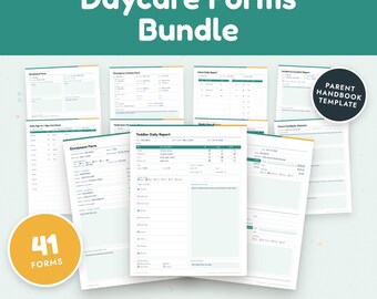 May include: A digital bundle of 41 fillable PDF daycare forms including enrollment, daily reports, and incident logs. The documents feature white backgrounds with teal and orange accents, designed for letter or A4 paper sizes for typing or printing.