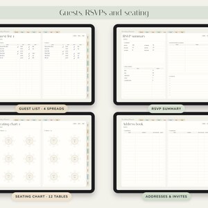 May include: A digital wedding planner displayed on four screens, featuring sections for Guest list with 4 spreads, RSVP summary, Seating chart with 12 tables, and Address book. Each page includes organized grids, columns, and tabs for tracking event details.