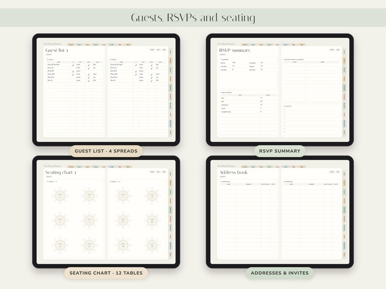 May include: A digital wedding planner displayed on four screens, featuring sections for Guest list with 4 spreads, RSVP summary, Seating chart with 12 tables, and Address book. Each page includes organized grids, columns, and tabs for tracking event details.