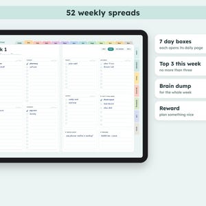 May include: A digital ADHD planner displayed on a tablet screen showing a weekly spread with 52 weekly spreads, 7 day boxes, a top 3 this week section, a brain dump area, and a reward section. The interface features colorful tabs and checkboxes.
