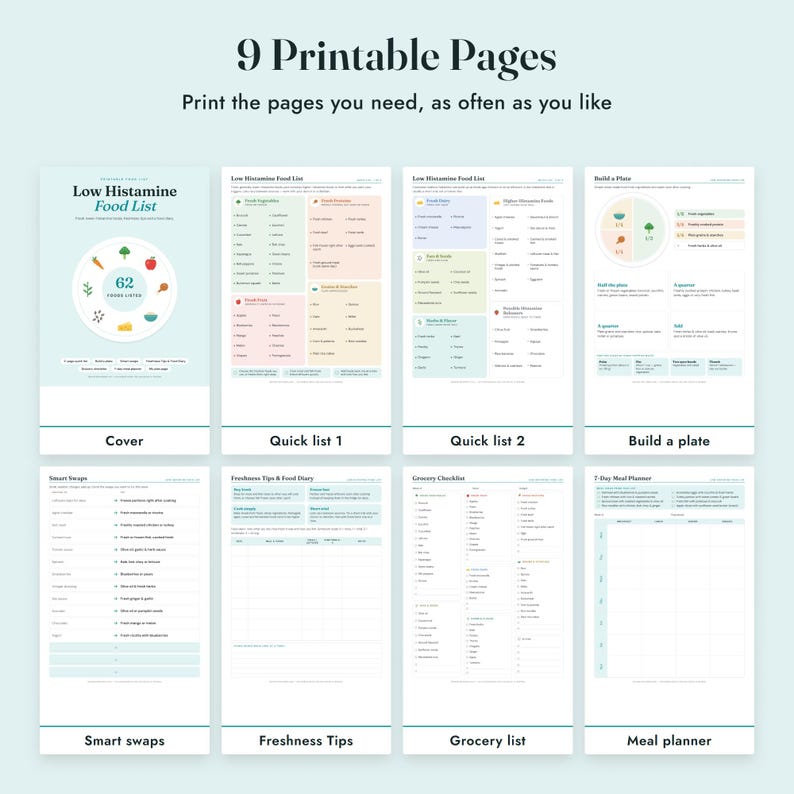 Low Histamine Food List Printable, Histamine Diet Grocery List, Food Diary, Letter A4 imagen 3