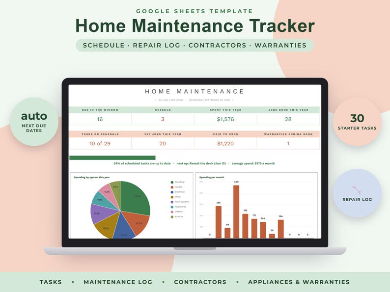 Home Maintenance Tracker Google Sheets, House Upkeep Schedule, Repair Log, Appliance Warranty Homeowner Planner image 1