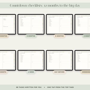 May include: A digital wedding planner display featuring eight tablet screens showing countdown checklists from 12 months to the wedding day. The text reads Countdown checklists: 12 months to the big day, 88 tasks written for you, and one tap from the top tabs.