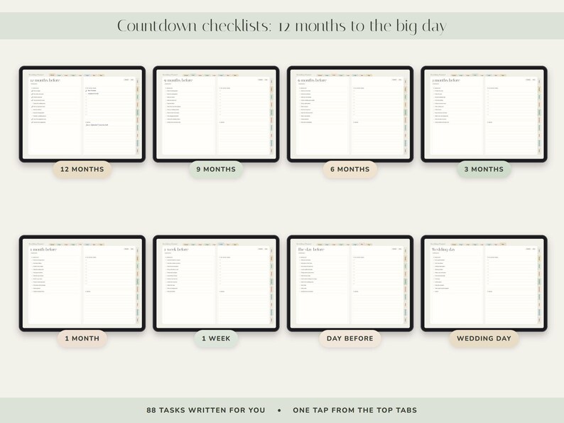 May include: A digital wedding planner display featuring eight tablet screens showing countdown checklists from 12 months to the wedding day. The text reads Countdown checklists: 12 months to the big day, 88 tasks written for you, and one tap from the top tabs.