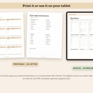 Puede incluir: Un conjunto de planificador de mudanzas digital e imprimible que incluye dos hojas de papel blancas con texto en negro tituladas Box labels 1 y First-night essentials box, junto a una tableta que muestra una p&aacute;gina New Home con pesta&ntilde;as.